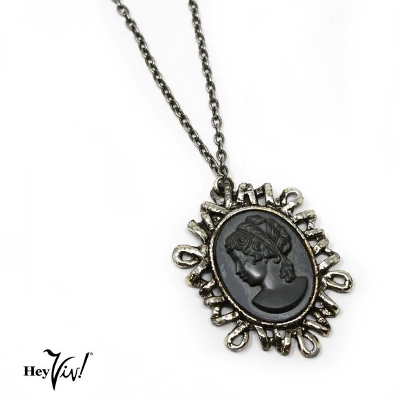 Vintage Large Black Cameo Necklace Chunky Abstract Pendant 24" Chain - Hey Viv - Picture 3 of 7